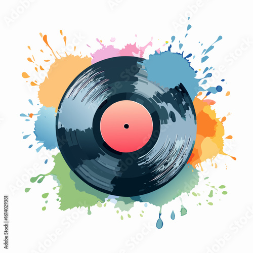 Artistic illustration of a grooved vinyl record with a red label, set against vibrant watercolor paint splatters.