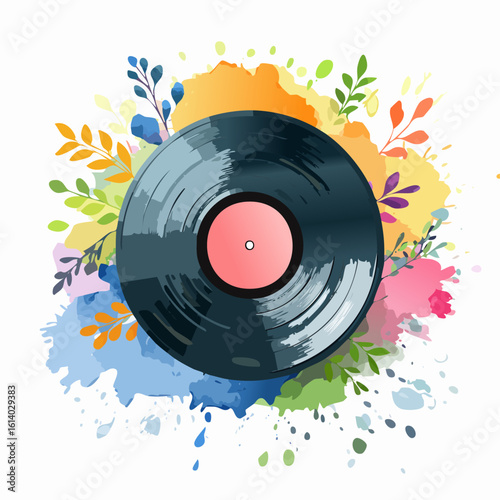 Creative illustration of a black vinyl record with a pink label, surrounded by colorful watercolor splashes and botanical elements.