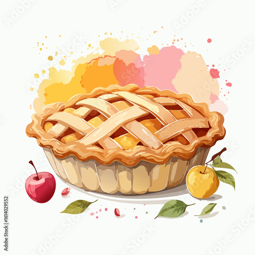 Golden-brown apple pie with a woven lattice crust and fresh apples, in a vibrant watercolor style.