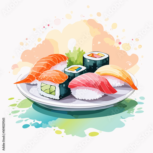 Colorful watercolor illustration of a Japanese sushi platter with assorted nigiri and maki rolls.