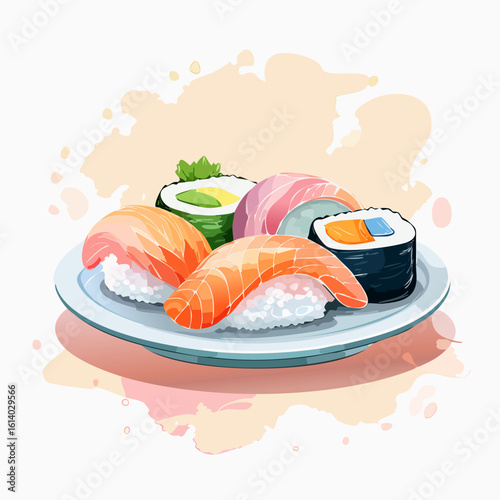 Vibrant sushi platter illustration with salmon nigiri, tuna, and avocado maki rolls.
