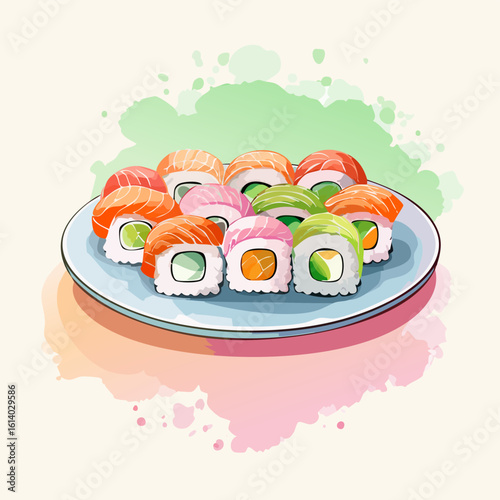 Colorful watercolor illustration of assorted sushi maki rolls with salmon, tuna, and avocado on a blue plate.