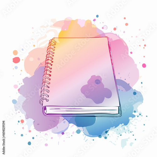 Artistic sketch of a closed spiral notebook with a vibrant pastel gradient cover.