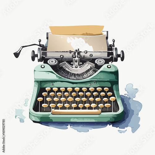 Retro teal manual typewriter with beige paper, depicted in a charming watercolor illustration style.