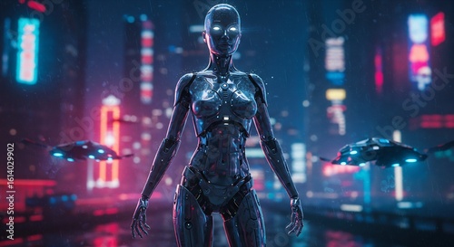 Futuristic Female Robot in Cyberpunk City with Flying Vehicles, Rain, and Neon Lights