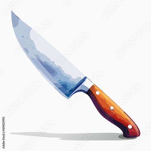 Stylized illustration of a classic chef's knife with a riveted wooden handle and a sharp, reflective steel blade.