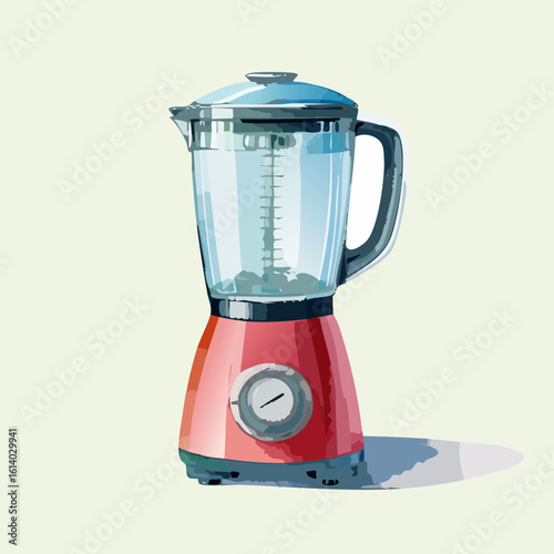 Stylish red electric blender with a glass pitcher and blue lid, illustrated in a watercolor style.
