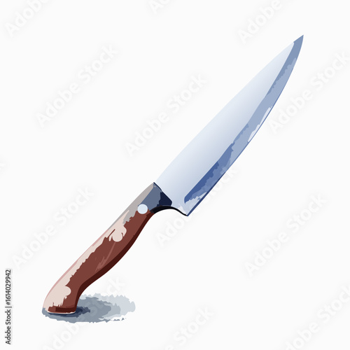 Stylized illustration of a chef's knife with a brown wooden handle and a sharp, reflective steel blade.