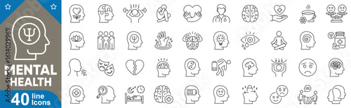 Mental health icons set. Wellness, therapy, emotional care, mindfulness, psychology, meditation, and more symbols pack. Thin line icon vector illustration.