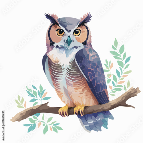 Colorful illustration of a Great Horned Owl with large yellow eyes, perched on a leafy branch.