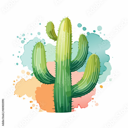 Stylized green saguaro cactus illustration with a ribbed texture and sharp spines.