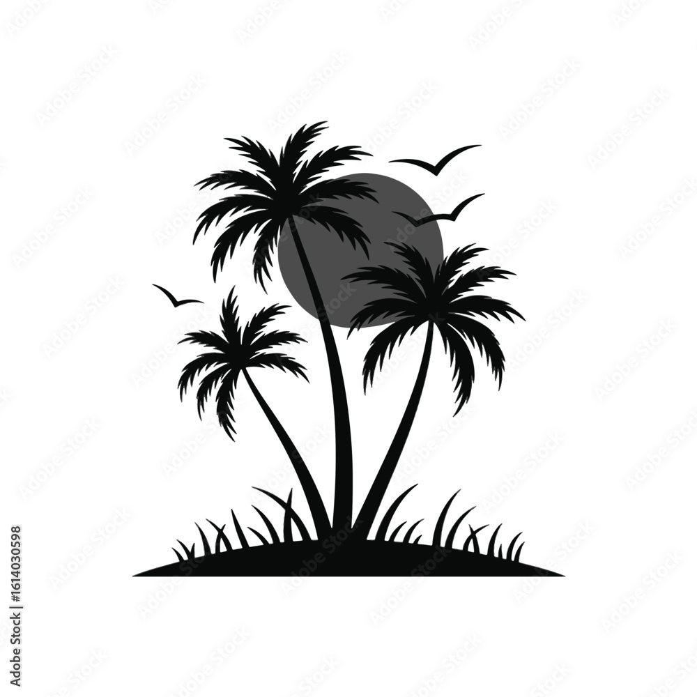 Fototapeta premium Palm Tree Silhouette with Sun and Flying Birds on Island
