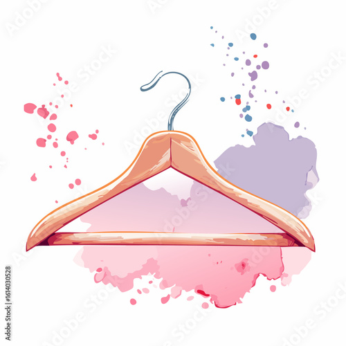 Elegant wooden clothes hanger with a metal hook, depicted in an artistic watercolor style with colorful splashes.