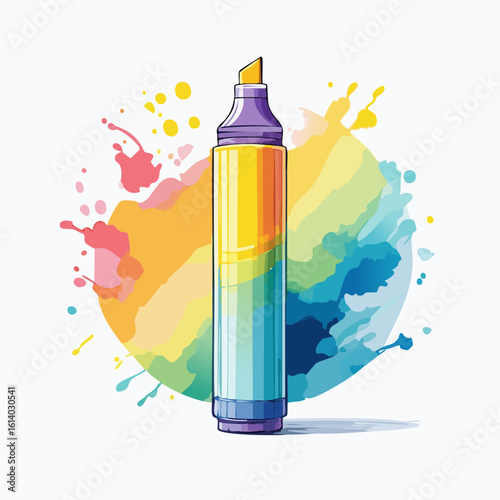 A vibrant, multi-colored highlighter marker with a purple cap and a yellow chisel tip.