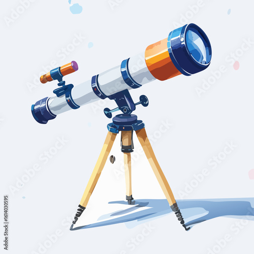 Stylized refractor telescope illustration with blue and orange accents on a wooden tripod.