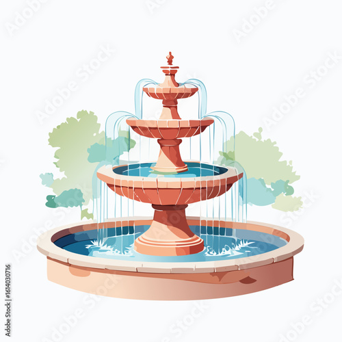 Ornate three-tiered terracotta garden fountain with cascading water streams.