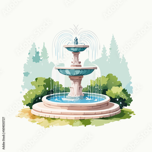 Elegant two-tiered classical stone water fountain with blue basins and cascading water jets.