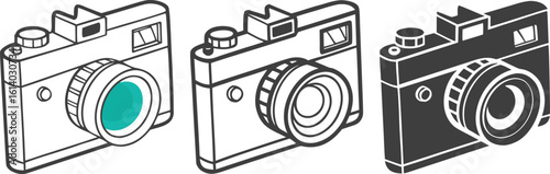 Vector art of three vintage style cameras are displayed in a row, one with a green lens and one in silhouette