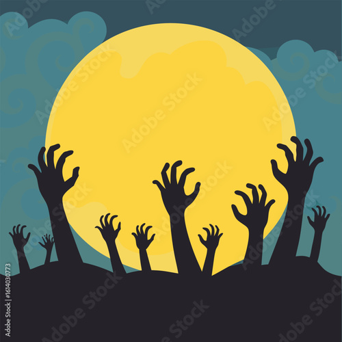 Zombie Hands Rising Moon Silhouette