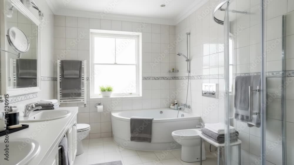 Modern white bathroom with large window, shower, and bathtub in panoramic view Modern white bathroom with large window, shower, and bathtub in panoramic view