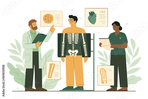 Doctors examining patient with X-ray in flat style, medical green and beige tones, healthcare diagnostics and Medics’ Day concept