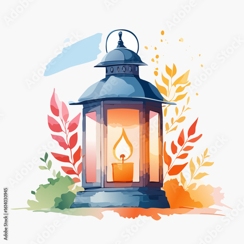 A stylized blue lantern with a warm glowing candle, surrounded by colorful foliage in a beautiful watercolor illustration.