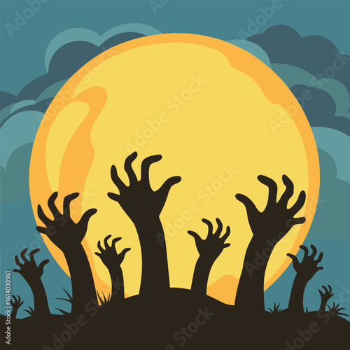 Zombie Hands Rising Moon Silhouette