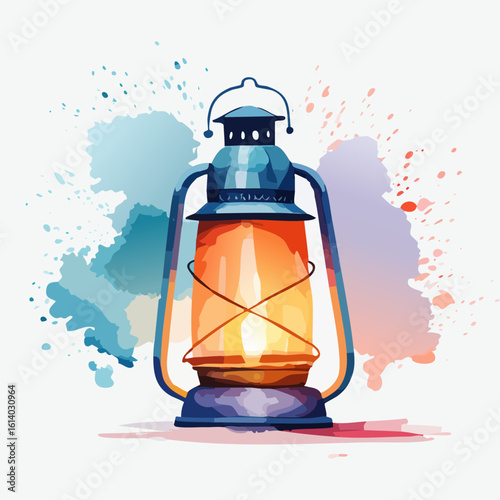 Vibrant watercolor illustration of a classic blue kerosene lantern with a warm, glowing flame.