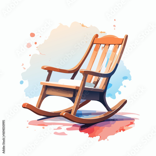 Classic wooden rocking chair with a high slatted back, rendered in a vibrant watercolor style.
