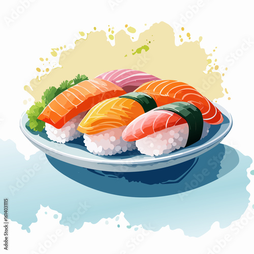 Vibrant watercolor illustration of an assorted nigiri sushi platter with salmon and tuna.