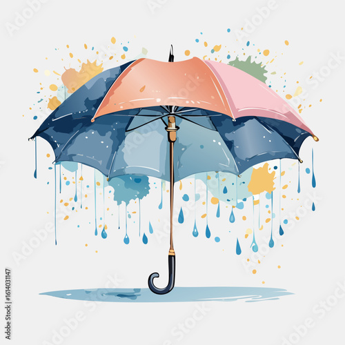 A vibrant watercolor illustration of an open pink and blue umbrella with dripping raindrops.