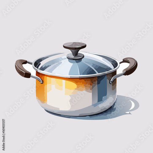 Shiny stainless steel cooking pot with a glass lid and dark brown handles, showing colorful reflections.