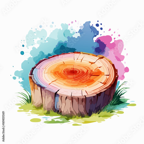 A colorful, stylized tree stump illustration with visible growth rings, cracked bark, and vibrant blue and pink watercolor splashes.