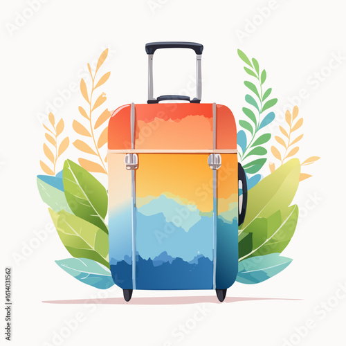 A colorful rolling travel suitcase with a vibrant sunset-over-mountains gradient design and a retractable handle.