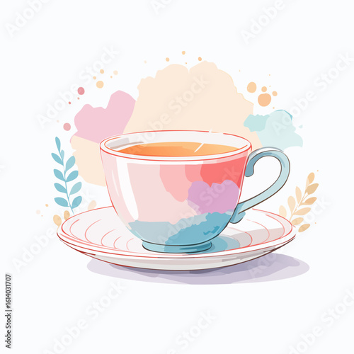 Artistic watercolor teacup and saucer with pastel pink and blue splashes, filled with warm orange tea.