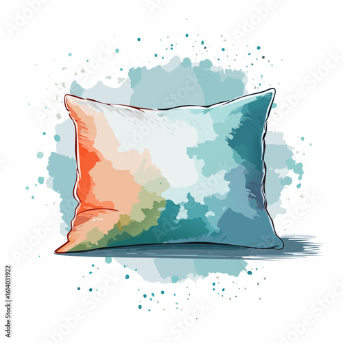 Colorful throw pillow illustration in a vibrant watercolor style with orange and teal hues.
