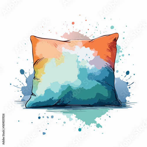 Artistic watercolor illustration of a plush throw pillow with vibrant orange and blue splashes.