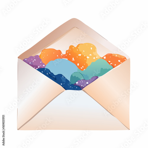 Open beige envelope revealing a vibrant, textured abstract message of colorful organic shapes.