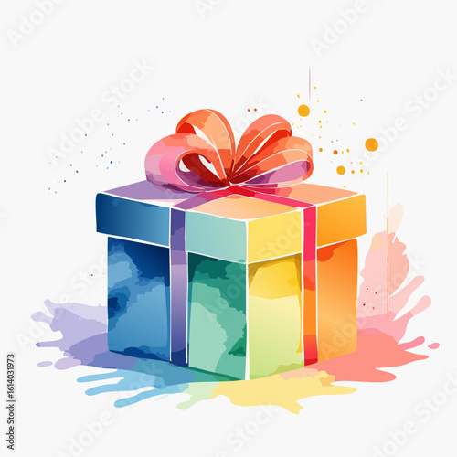 A vibrant, multicolor gift box with a large red bow, rendered in an expressive watercolor style with colorful paint splatters.