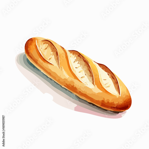 Artistic watercolor illustration of a golden French baguette with a crispy, scored crust.