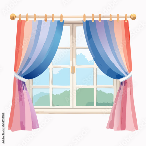 Vibrant rainbow watercolor curtains tied back on a classic white window frame, hanging from a golden rod.