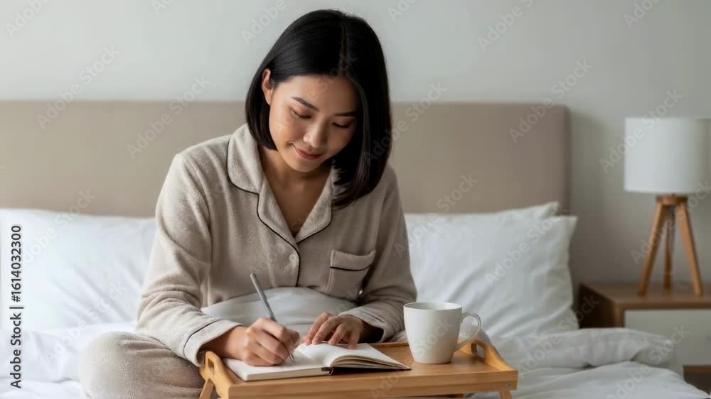 Woman in pajamas writing in a journal while sitting in bed with a coffee mug, enjoying a calm morning routine, a concept of mindfulness, self-care and personal well-being Woman in pajamas writing in a journal while sitting in bed with a coffee mug, enjoying a calm morning routine, a concept of mindfulness, self-care and personal well-being