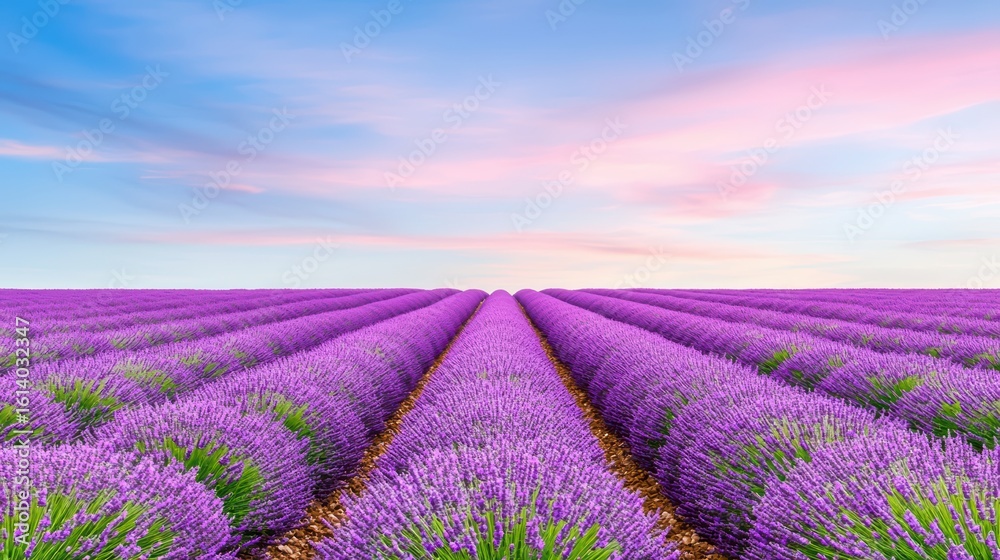 Obraz premium Expansive Lavender Fields Under Soft Sunset Skies