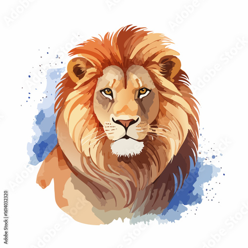 Regal male lion head with a flowing golden mane and intense amber eyes, rendered in a vibrant watercolor style.