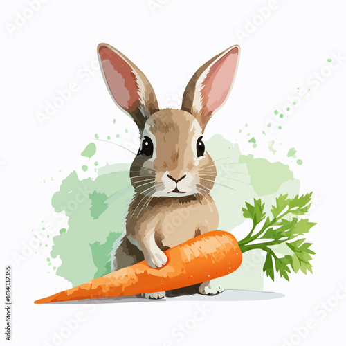 Charming watercolor illustration of a fluffy brown rabbit holding a large orange carrot.