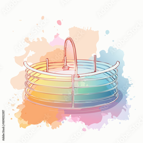 Hand-drawn circular wire plate caddy with stacked dishes, in a vibrant watercolor style.