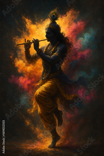 Krishna dancing in divine motion with colorful energy and flute surrounded by fire smoke for sri krishna janmashtami spiritual celebration of joy power and devotion