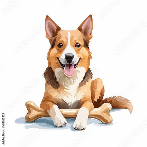 Adorable smiling Corgi dog with pointy ears, lying down with a large chew bone.