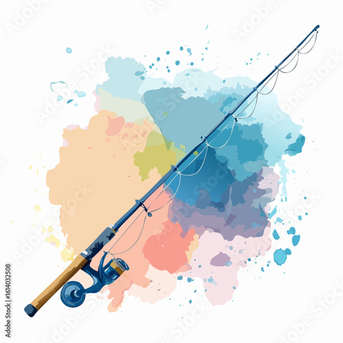 Blue spinning fishing rod with a wooden handle, illustrated in a vibrant watercolor style.