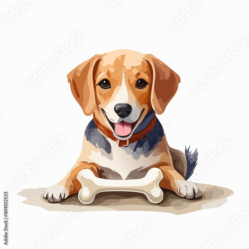 Cheerful tricolor beagle puppy with floppy ears and a collar, happily lying down with a bone.